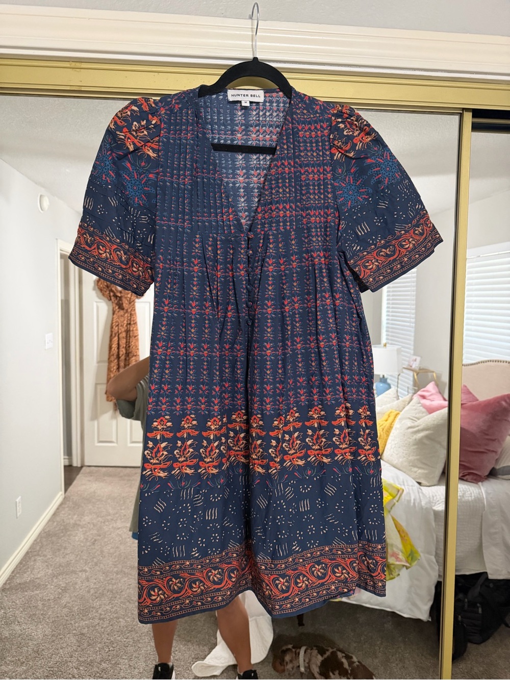 HUNTER BELL Navy and Rust Floral-Print Short-Sleeve Dress